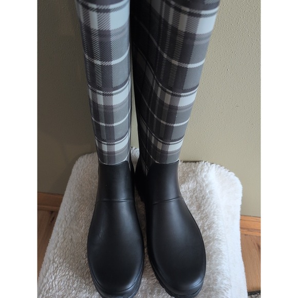 Lauren Ralph Lauren Bethania Rain Welly Rubber Boots Black White Plaid 10 - Picture 2 of 7